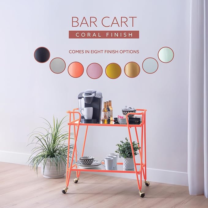 Gina Coral Mid-Century Bar Cart with Mirrored Shelves and Locking Wheels by Linon