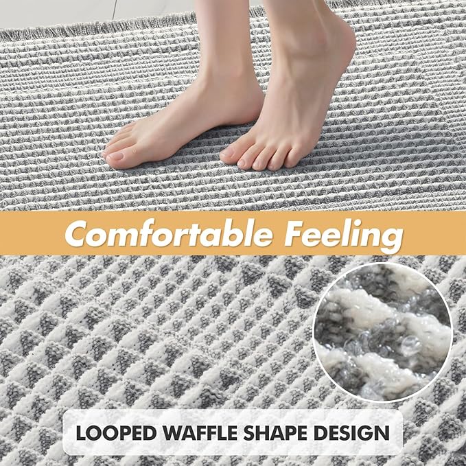 MIULEE Set of 2 Waffle Bathroom Rugs, Boho Bath Rug Super Absorbent, Non Slip Washable Ultra Soft Rubber Backed Shower Bath Mats for Floor, Tub, Shower, Looped Design, Lightgrey & Cream, 18x30 Inch