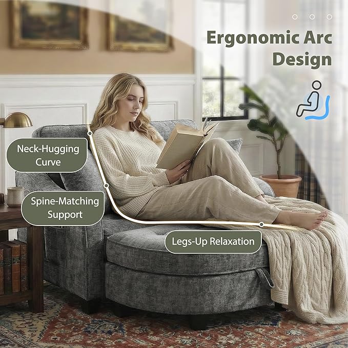 Round Chaise Lounge Chair with Storage Ottoman, Oversized Bubble Chair and a Half Featuring Adjustable Backrest, Plush Reading Accent Chair and Ottoman Set for Bedroom, Silver Grey