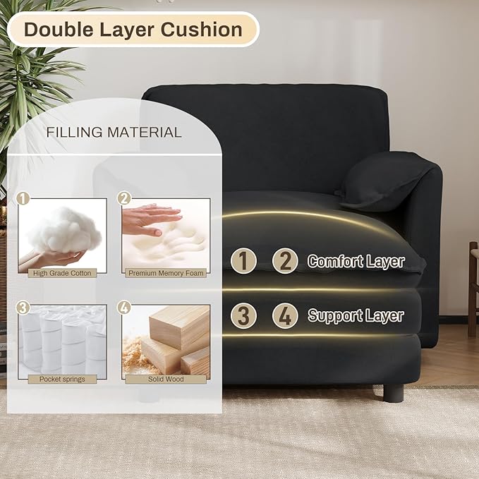 Oversized Chaise Lounge Chair Indoor with Ottoman, Firm Solid Wood Frame with Long Service Life Chenille Oversized Lounge Reading Chair for Study Room - Black