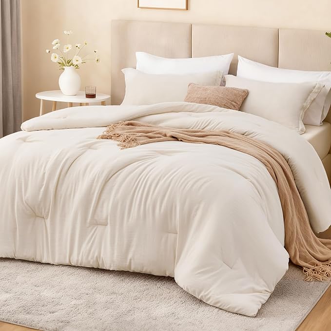 Love's cabin Beige Full Comforter Set, 3-Piece Prewashed Bed Set with 1 Comforter (79 x 90 in) & 2 Pillowcases, Lightweight & Breathable for All Seasons | Soft