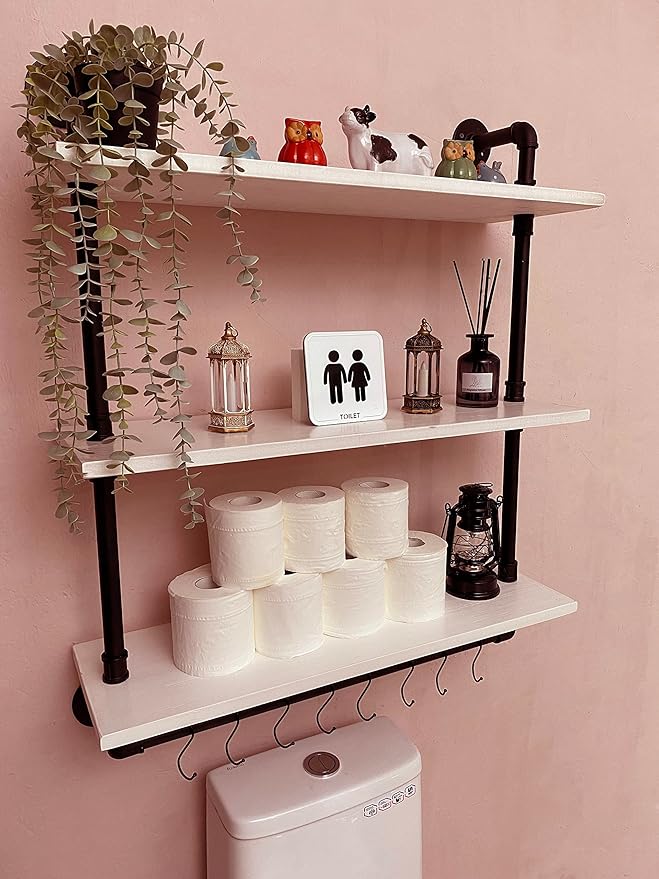 ROGMARS Industrial Pipe Shelving Floating Shelves with Towel Rack,3 Tier 30 inch Retro White Rustic Bathroom Shelves Farmhouse Pipe Wall Shelves for Kitchen Storage,Living Room