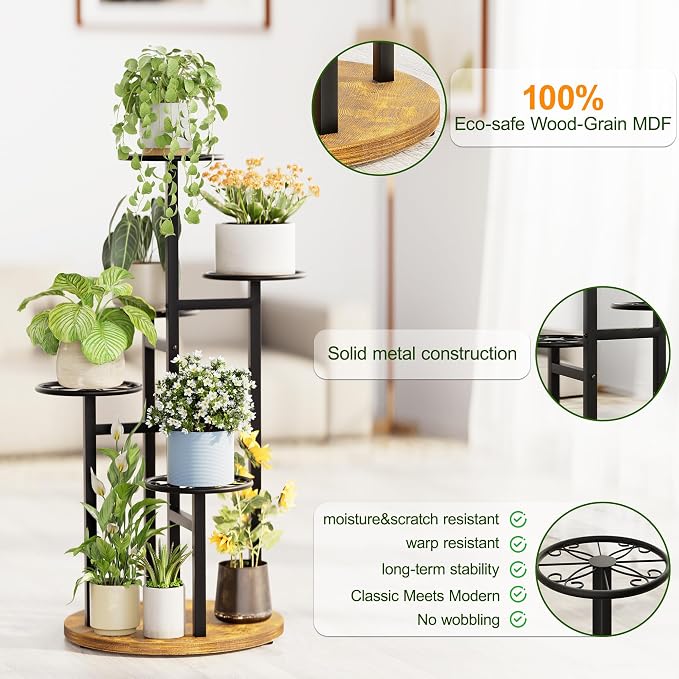 Metal Black Plant Stand Indoor Outdoor,5 Tier Tall Flower Pot Holder Potted Display Rack Shelf, Heavy Duty Plant Shelf for Patio Garden Balcony Living Room Bedroom - BlackS