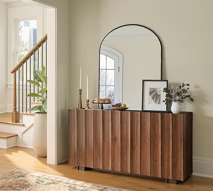 win2win 61.7" Buffet Cabinet with Storage, Mid Century Modern Sideboard with Wave Design, Wood Grain Finish, Credenza with Adjustable Shelves, Modular Cabinets for Living Dining Room Hallway, Walnut