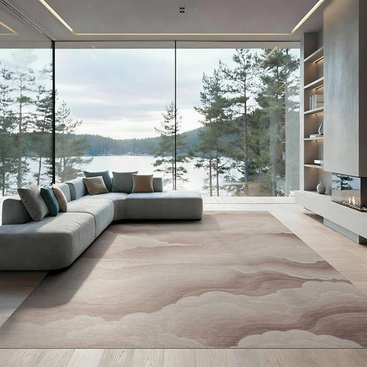 9'x12' Washable Watercolor Wave Oversized Rug, Cream Non-Shedding Pet Friendly Carpet Foldable Easy Care Mat for Master Suite, California King, Under Bed | Ref:2208258