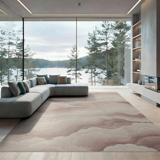 8'x10' Washable Modern Wave Area Rug, Cream Foldable Oversized Carpet for Living Room, Under Sectional, Family Room, Non-Slip Flatwoven Floor Covering | Ref:2208258