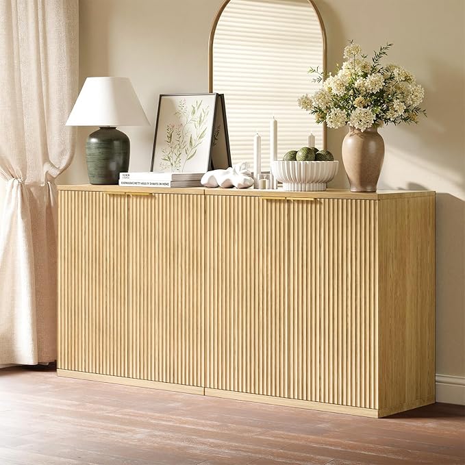 Evermagin 63" Oak Buffet Cabinet with Storage, Large Sideboard Cabinet, Boho Fluted Accent Credenza for Dining Room, Kitchen, and Living Room
