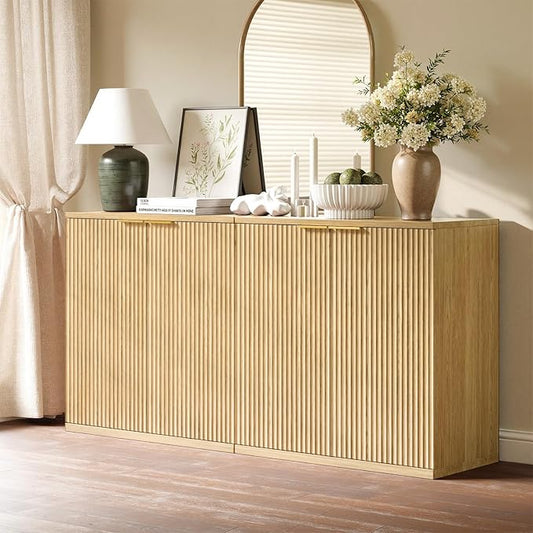 Evermagin 63" Oak Buffet Cabinet with Storage, Large Sideboard Cabinet, Boho Fluted Accent Credenza for Dining Room, Kitchen, and Living Room