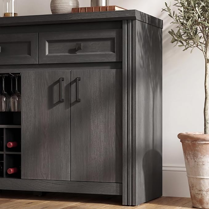 Buffet Sideboard with Power Outlet, 55" Wine Bar Cabinet with Wine Rack & Glass Holder, Farmhouse Wood Coffee Bar with Storage and Adjustable Shelves for Kitchen, Black
