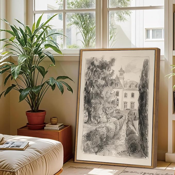 WALLZK Vintage Framed Wall Art French Country Sketch Canvas Prints Neutral Landscape Cottagecore Decor Pictures Artwork for Walls Living Room Bedroom Bathroom 16"x24"