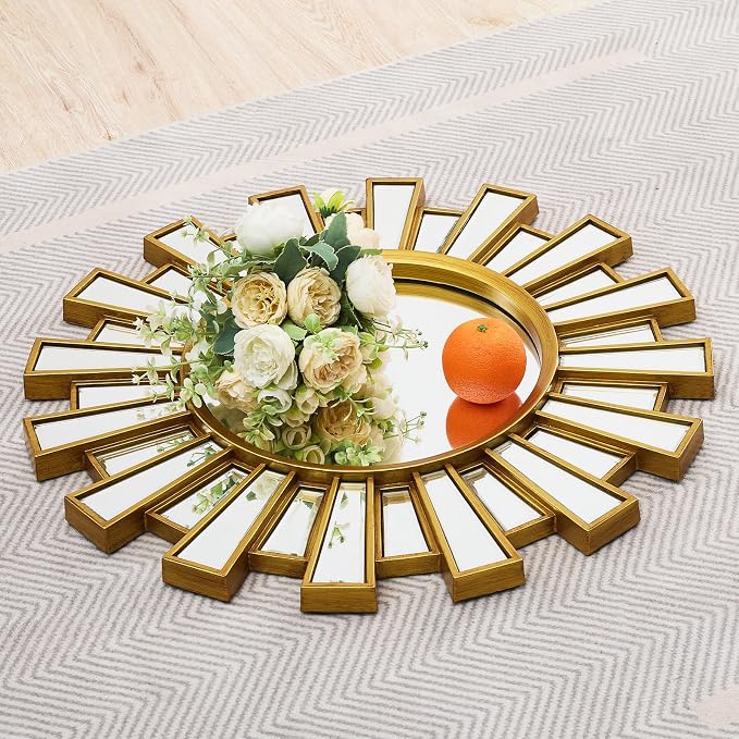 24"x24" Round Wall Decor Mirror, Gold Sunburst Mirror, Wall Art with Metal Frame for Entryway, Bathroom, Vanity, Living Room