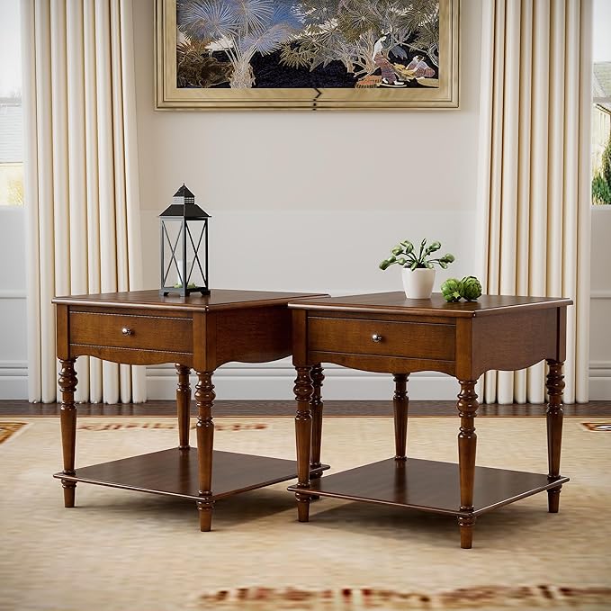 2-Set Solid Wood End Table with Drawer and Storage Shelf, Anne Queen Designed Beside Table with Solid Wood Roman Legs, Square Accent Tables and Meeting Table for Living Room, Bedroom Cherry Brown