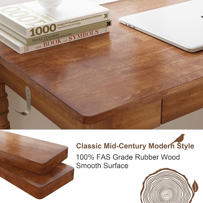100% Solid Wooden Desk with Drawers - 47.2” Mid Century Modern Desk with 2 Hooks, Vintage Writing Desk with Drawers, Simple Work Study Table for Bedroom & Home Office - Walnut Color