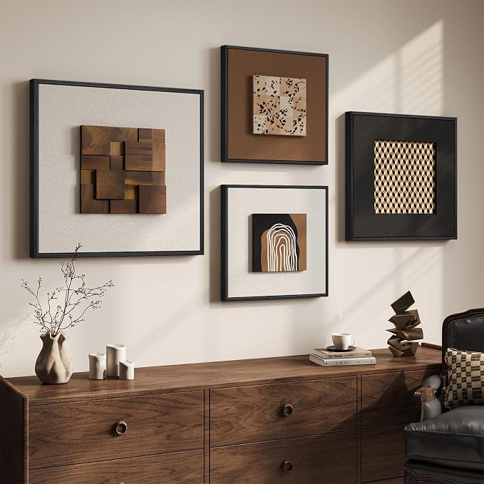 Large Framed Wood Wall Art for Living Room, 4 Piece 3D Abstract Modern Neutral Textured Wall Decor, Minimalist Black Brown Beige Geometric Wooden Artwork for Dining Room, Hallway, Office