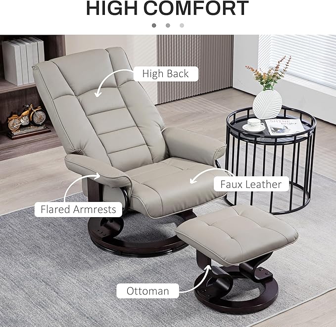 HOMCOM Faux Leather Reclining Chair, Swivel Ottoman Chair, Recliner with Ottoman with High Back and Wood Frame for Living Room, Gray