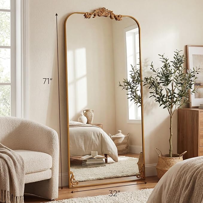 Antok Arched Full Length Mirror, 32"x71" Floor Mirror with Carved, Full Body Mirrors for HomeDecor, Large Wall Mirror with Corner Flower for Bedroom, Living Room, Gold, Luxury Style