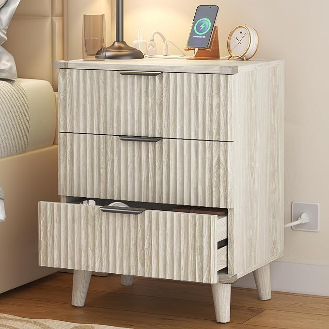 Lulive Wood 3 Drawers Fluted Night Stand with Charging Station, Storage Nightstand Modern End Table, Bedside Table for Bedroom, Living Room White Oak