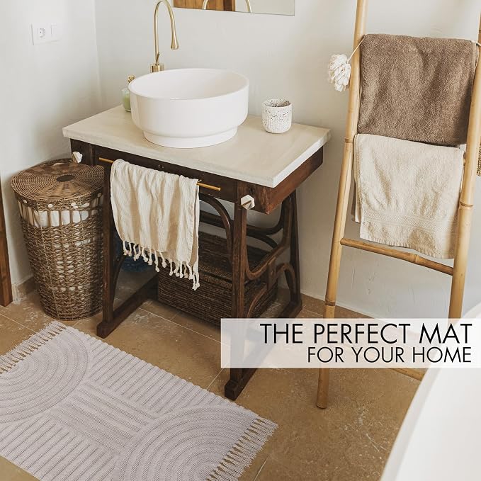 KIBAGA Beautiful Boho Rug with Tassels for Your Bathroom - Soft 2 x 3 ft. Cotton Rug Fits Perfectly Into Your Bath - Washable, Non-Slip Mat Ideal to Enhance Any Modern Home Decor, 24 x 36 inch
