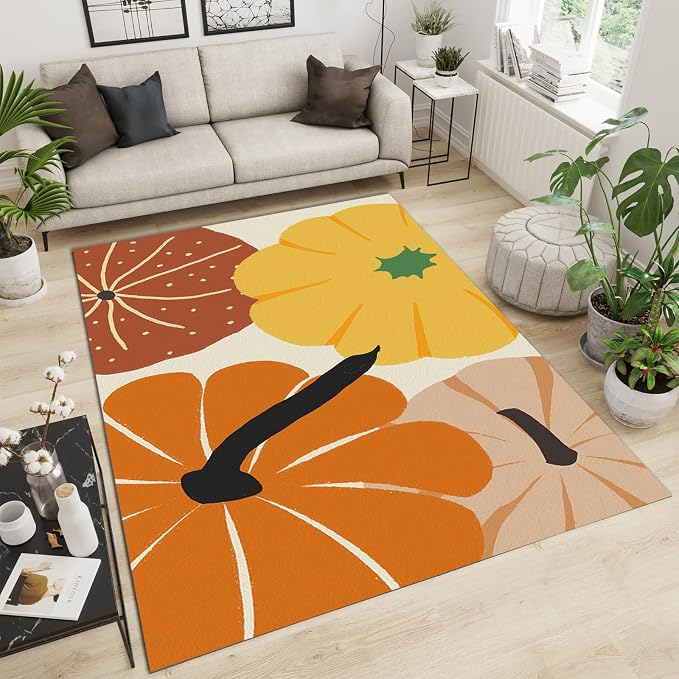 Cartoon Pumpkin Large Area Rug, Autumn Harvest Pumpkin Non Slip Print Rugs, Soft Machine Washable Carpet for Indoor Bedroom Living Room Office Decor Rug - 4 ft x 6 ft