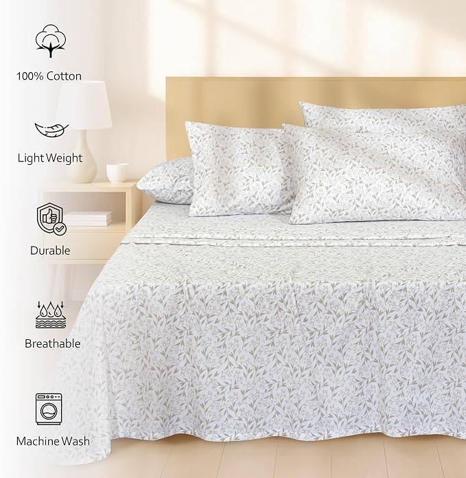 RUVANTI 100% Cotton Percale Sheets Twin XL Size 4 Piece Set, Cooling Bed Sheets for Hot Sleepers, Deep Pocket 16”, Breathable Lightweight & Durable, Crisp Hotel Style Sheets, Botanica Living