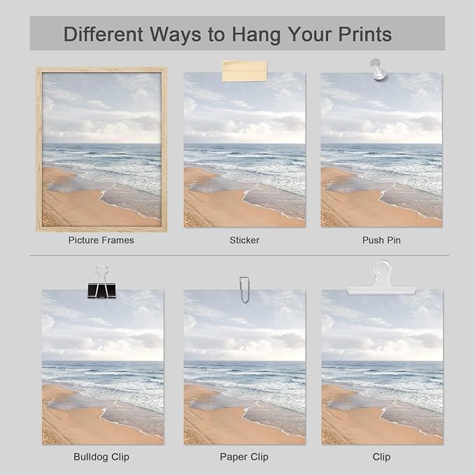 SIGNWIN Poster Bathroom Decor 8"x10"x 4, Wall Art Room Decor Multicolor for Living Room, Bedroom, Office White Beach Grass Cloudy Ocean Sea Wave Horizon Nature Wilderness Realism Landscape