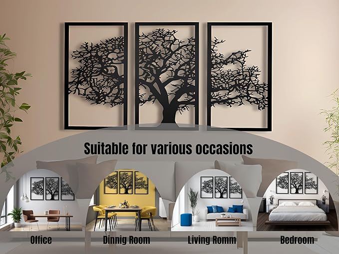 VAILLA Tree of Life Wall Art Decor Set of 3 Wall Hanging Sculpture Modern Wall Home Decoration 3D Textured Sculptures for Living Room Bedroom Office Dinnig Room 3 Panels Family Tree Wall Hangings (71"L x 39"W)