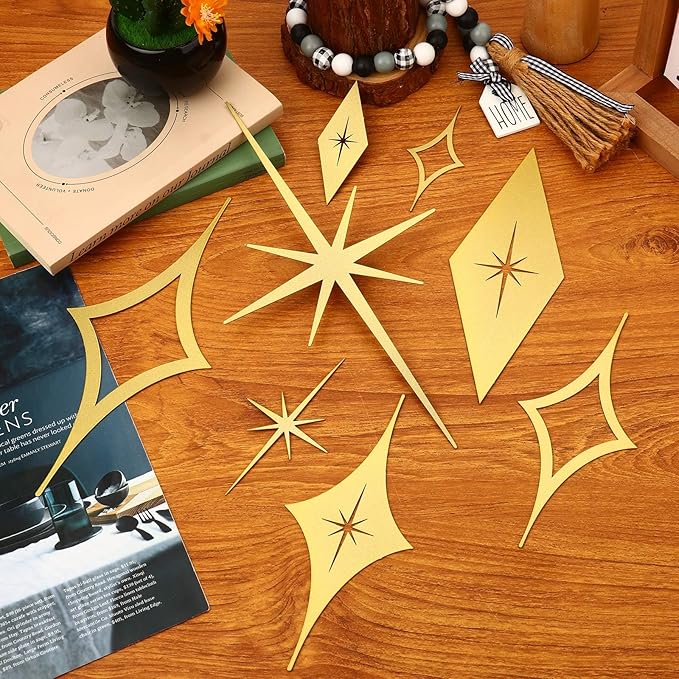 Bnesi 8 Piece Metal Mid Century Modern Wall Art Decor Vintage Style Gold Starburst Metal Wall Art Decor Mid Century Modern Star Bursts Decor for Living Room Bedroom Home Bathroom (Gold)