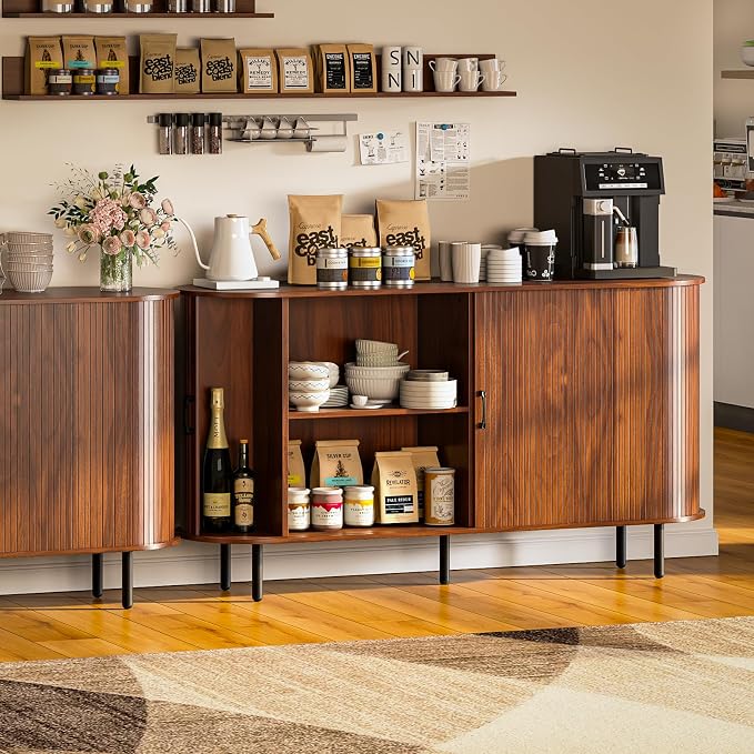 PUKAMI 55" Wood Buffet Sideboard Cabinet with Storage, Mid-Century Modern Coffee Bar Cabinet with Sliding Doors & Shelves, Accent Credenza Console Table for Kitchen, Dining Room, Entryway