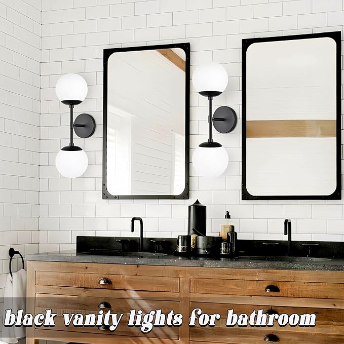 KoKo&Yukina 2 Pack Matte Black Interior Vanity Light Fixtures Mid Century Modern Bathroom Vanity Light Globe Sconce Vanity Lights with Clear Glass for Bathroom (Bulb Incl.)