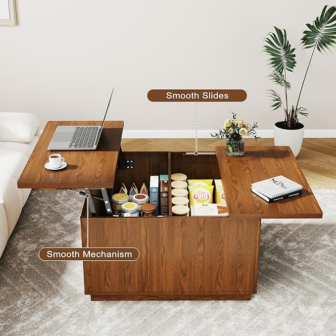 Lift Top Coffee Table with Storage,Fluted Square Center Table with Large Hidden Space,31.5" Coffee Table with Lifting Top,Center Table for Living Room,Brown