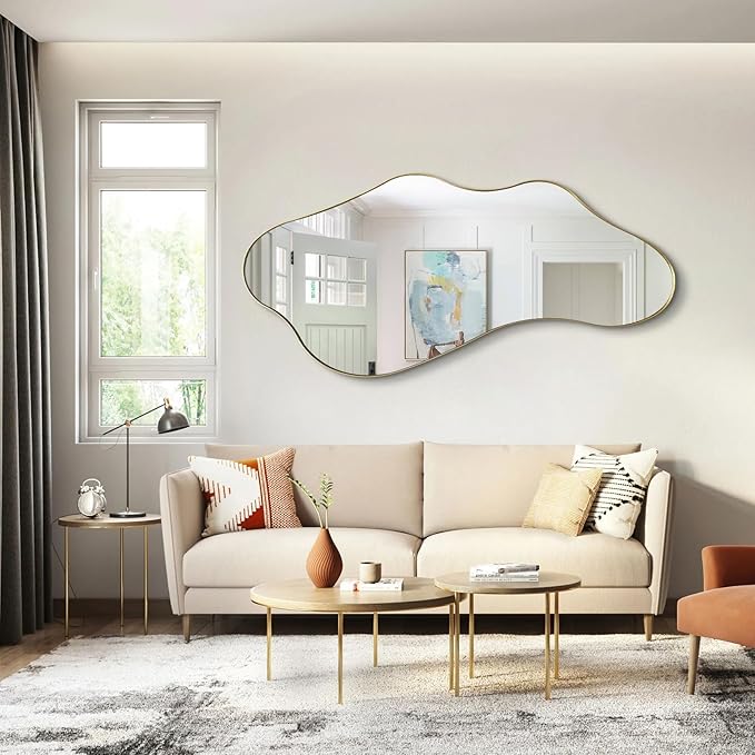 Large Irregular Mirror, 55"x25.6" Asymmetrical Mirrors with Gold Metal Frame, Modern Unique Shaped Abstract Mirror for Living Room Bathroom Bedroom Entryway, Hangs Horizontal Or Vertical