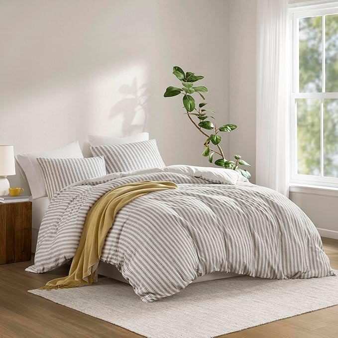 Madison Park Duvet Cover Set for Hot Sleepers - Linen Cotton Rayon Blend, Cal King Size 3 Piece Set with Shams - Lightweight & Breathable Bedding, Grey Striped Design