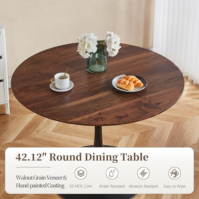 42 Inch Round Dining Table,Mid-Century Tulip Table with Metal Pedestal Base,Modern Leisure Table for Small Space Kitchen Dining Room,Easy Assembly,Walnut and Black