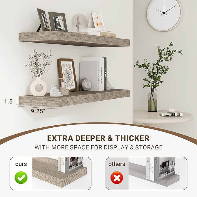 16 Inch Floating Shelves, 3D Textured Wood Grain, 16"x9.25"x1.5" Inch Deep Floating Shelves for Wall, Wooden Shelves for Bathroom, Bedroom, Living Room, Vintage Gray Oak, 2 Pieces