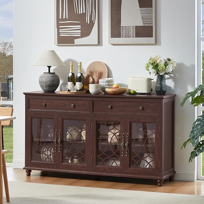 Large Sideboard Buffet Cabinet Set of 2 with Storage,59" Credenza with 4 Glass Doors & 2 Drawers,Adjustable Shelves Coffee Bar,Wood Kitchen Console Table for Dining Room,Walnut