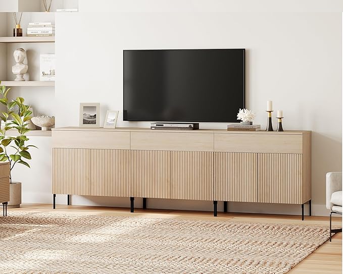 WAMPAT 94.5" W Large Sideboard Buffet Cabinet with Storage,3 in 1 Fluted Sideboard Buffet with 6 Doors, Wooden Buffet Table, Coffee Bar Wine Bar Cabinet for Kitchen, Dining Room, Living Room, Beige
