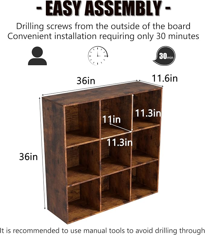 Wooden 9 Cube Storage Organizer with Closed Back Panel,Brown Cube Shelf Cubby Storage Organizers with Compartments for Living,Bookshelf,Organizers Easy to Install (Retro Brown, 9 Cube)