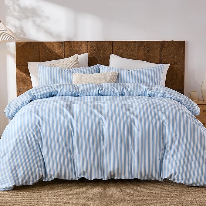 Merryword Blue and White Striped Duvet Cover Set King Size, 100% Cotton Linen Like Textured Bedding with Classic Vertical Stripes, Soft Lightweight Reversible Comforter Cover for All Seasons