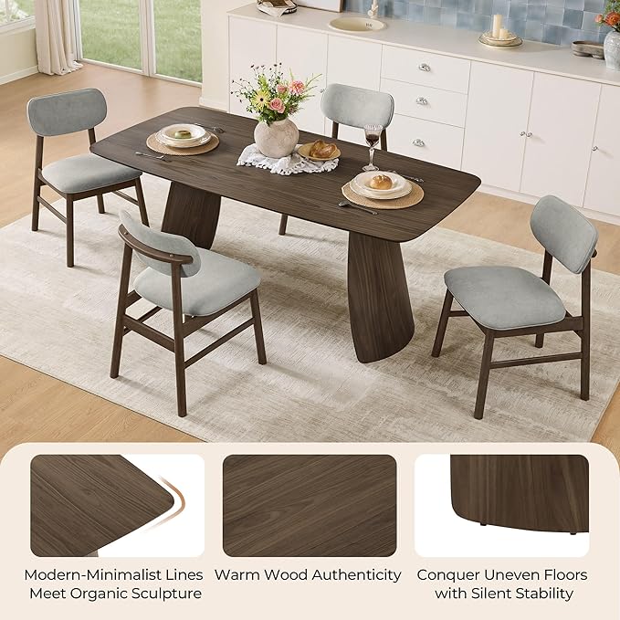 CHITA 71" Modern Dining Table for 6, Rectangle Wood Kitchen & Dining Room Table, Solid Rubberwood Frame, Bentwood Legs, Walnut Venner