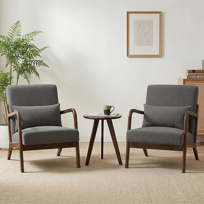 Mid Century Modern Accent Chairs Set of 2, Upholstered Corduroy Armchairs with Lumbar Pillows, Solid Rubberwood Frame for Living Room, Bedroom, Waiting Room,Dark Grey