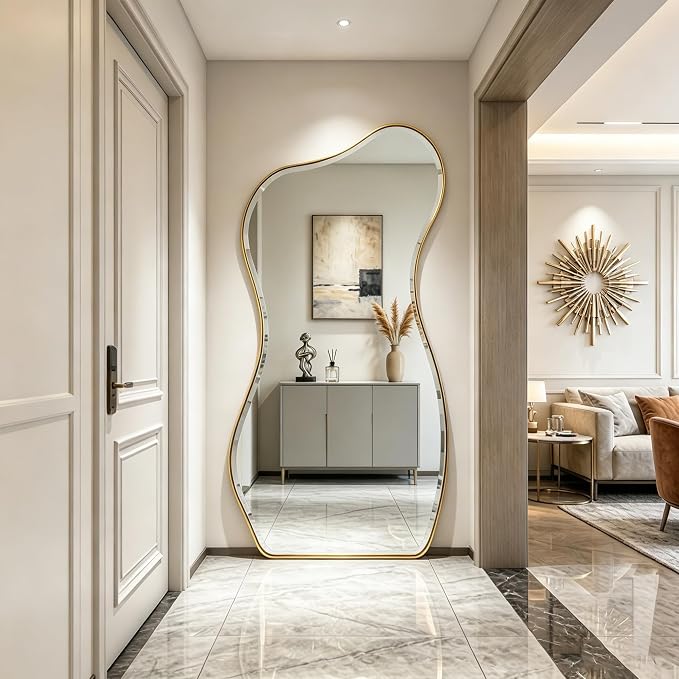 POZINO Irregular Beveled Mirror Full Length, 66.8"x33.5" Asymmetrical Aesthetic Wall Mirror with Metal Frame, Large Organic Floor Mirrors for Entryway Bedroom Living Room Cloakroom, Leaning/Wall-Mount