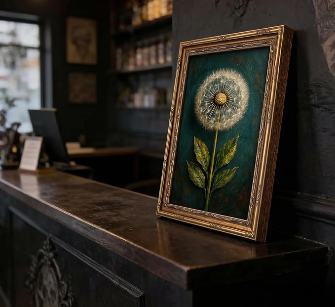 Vintage Gold Framed Dandelion Canvas Wall Art, Teal Background Botanical Oil Painting Print, Retro Moody Botanical Picture Poster， Country Farmhouse Wall Decor，for Home Living Room Bedroom，12x16in
