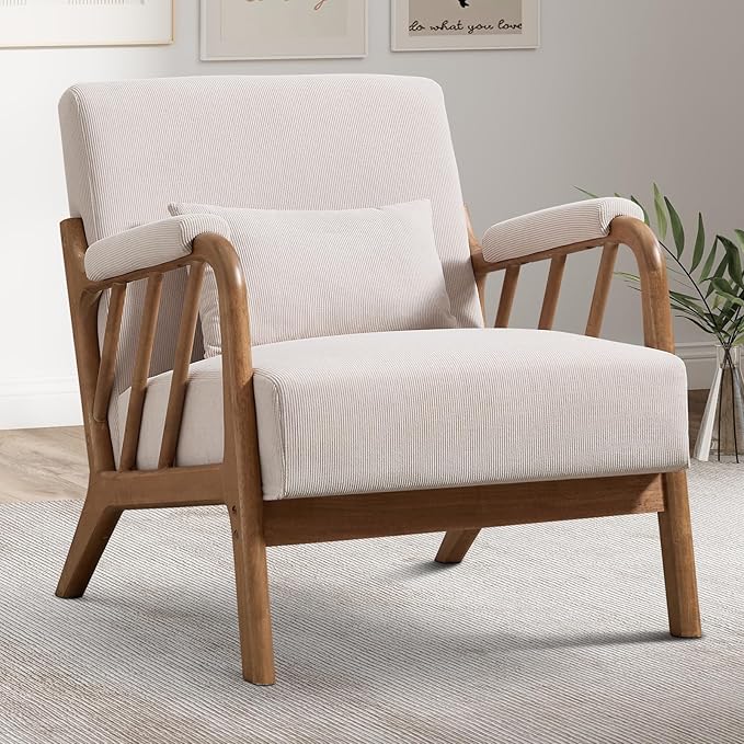 INZOY Mid Century Modern Accent Chair with Wood Frame, Upholstered Reading Armchair with Soft Corduroy Fabric, Accent Chair for Living Room Bedroom Apartment, Easy Assembly, Beige