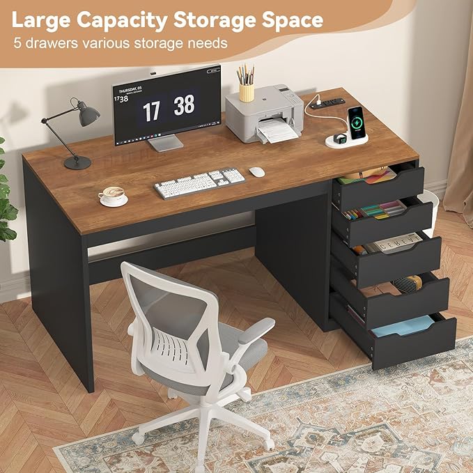 YOMILUVE 47 Inch Computer Desk with 5 Drawers and Power Outlets, Home Office Desks with Storage File Cabinet, Modern Simple Laptop Desk Writing Table for Small Spaces, Brown and Black
