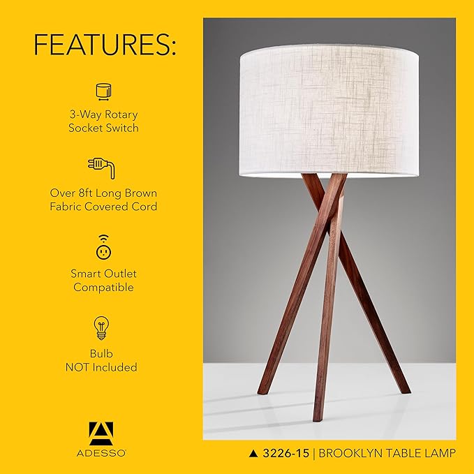 Adesso Table Lamp with Walnut Tripod Base and White Linen Lampshade – Bedside Table, Home Office Lighting or Living Room Décor, 29.5” x 15”