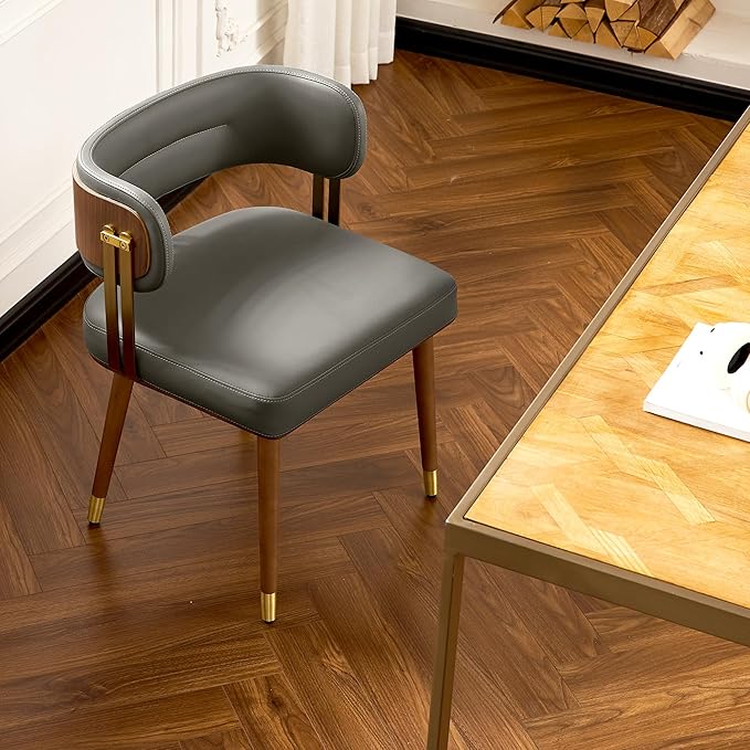 Modern Upholstered Leather Dining Chairs with High-Resilience Foam Cushion, Walnut Wood Veneer&Gold Metal Legs, 22Lx20.5Wx28.3H Inches, Anti-Slip Kitchen Chairs for Dining Room,Grey
