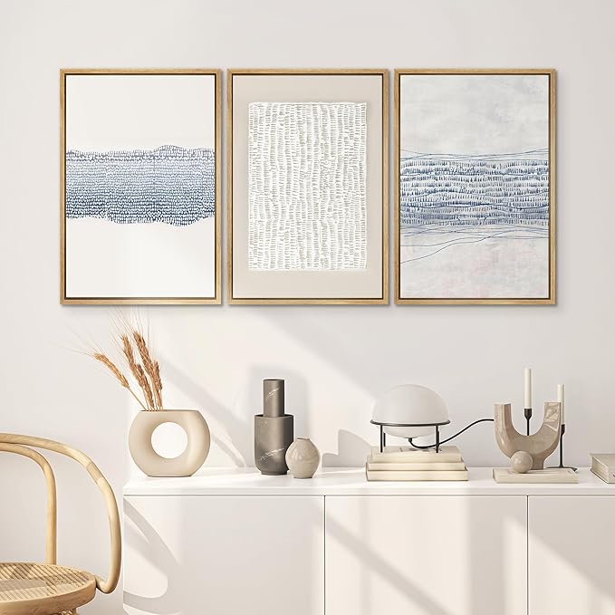 SIGNWIN Framed Canvas Print Wall Art Set Blue White Grunge Geometric Pattern Abstract Shapes Cozy Neutral Decorative Contemporary Minimal for Living Room, Bedroom, Office - 16"x24"x3 Natural