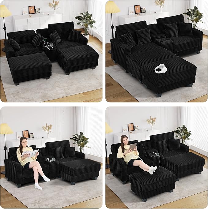Oversized Chaise Lounge Chair Indoor with Storage & USB, Cup Holder & Ottoman, Firm Solid Wood Frame with Long Service Life Corduroy Oversized Lounge Reading Chair for Large Study Room - Jet Black