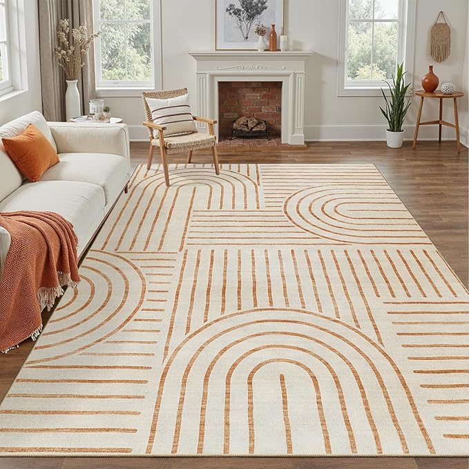 DCX Beige Machine Washable 6x9 Area Rug, Midcentury Modern Non Slip Stain Resistant Rug 6x9 for Living Room, Playroom, Dining Room, Soft 0.25" Low Pile Large Carpet