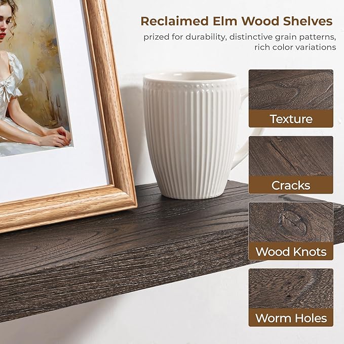 Axeman Floating Shelves for Wall, Rustic Elm Wood 72'' W x 8" D Wall Mantel Shelf with Invisible Bracket, Large Long Wall Mounted Storage Shelves for Living Room, Bedroom, Kitchen, Bathroom, Walnut
